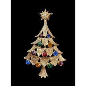 Vintage Gold Tone Multi Color Ornaments Christmas Tree Fashion Brooch Pin